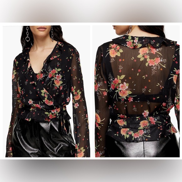 🆕 NWT Topshop Floral Print Sheer Wrap Blouse - Picture 3 of 4